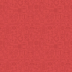 Obraz premium Thin Medical Line Health Care Red Seamless Pattern. Vector Medicine Design and Seamless Background in Trendy Modern Line Style. Thin Outline Art