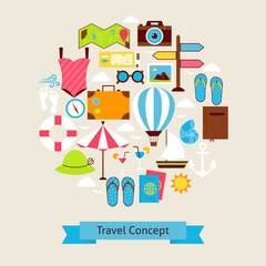 Vector Flat Style Summer Vacation and Travel Objects Concept. Flat Design Vector Illustration. Collection of Summer Holidays Colorful Objects. Set of Resort Items.