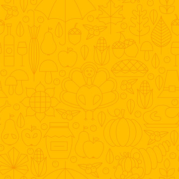 Thin Thanksgiving Dinner Line Holiday Seamless Yellow Pattern. Vector Autumn Thanksgiving Day Design and Seamless Background in Trendy Modern Line Style. Thin Outline Art. Traditional National Celebra