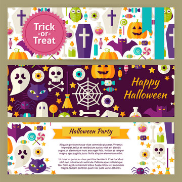 Trick or Treat Halloween Vector Template Banners Set. Flat Design Vector Illustration of Brand Identity for Halloween Party Promotion. Colorful Pattern for Advertising