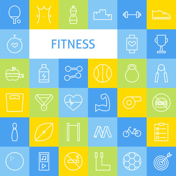 Vector Flat Line Art Modern Fitness Sports and Healthy Lifestyle Icons Set. Fitness Icons Set over Colorful Tile. Vector Set of 36 Sport and Activities Modern Line Icons for Web and Mobile.