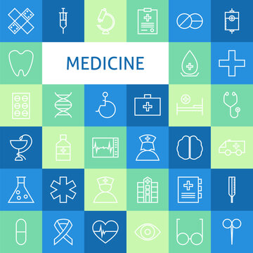 Vector Flat Line Art Modern Medicine and Healthy Life Icons Set. Medical and Health Care Icons Set over Colorful Tile. Vector Set of 36 Healthy Lifestyle Modern Line Icons for Web and Mobile