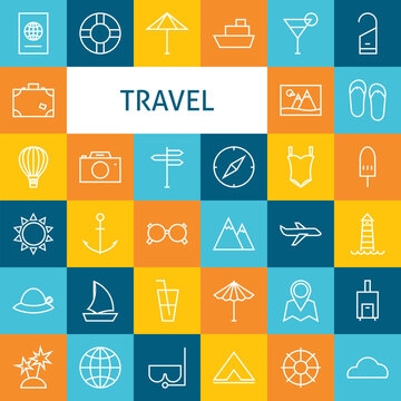 Vector Flat Line Art Modern Travel Vacation and Resort Icons Set. Business Travel Icons Set over Colorful Tile. Vector Set of 36 Summer Holidays and Tropic Resort Modern Line Icons for Web and Mobile