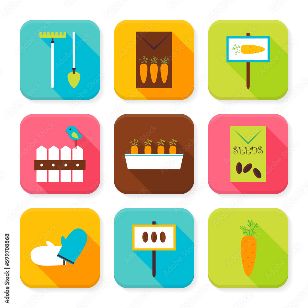 Poster flat garden and nature squared app icons set. flat style vector illustration. vegetables agriculture