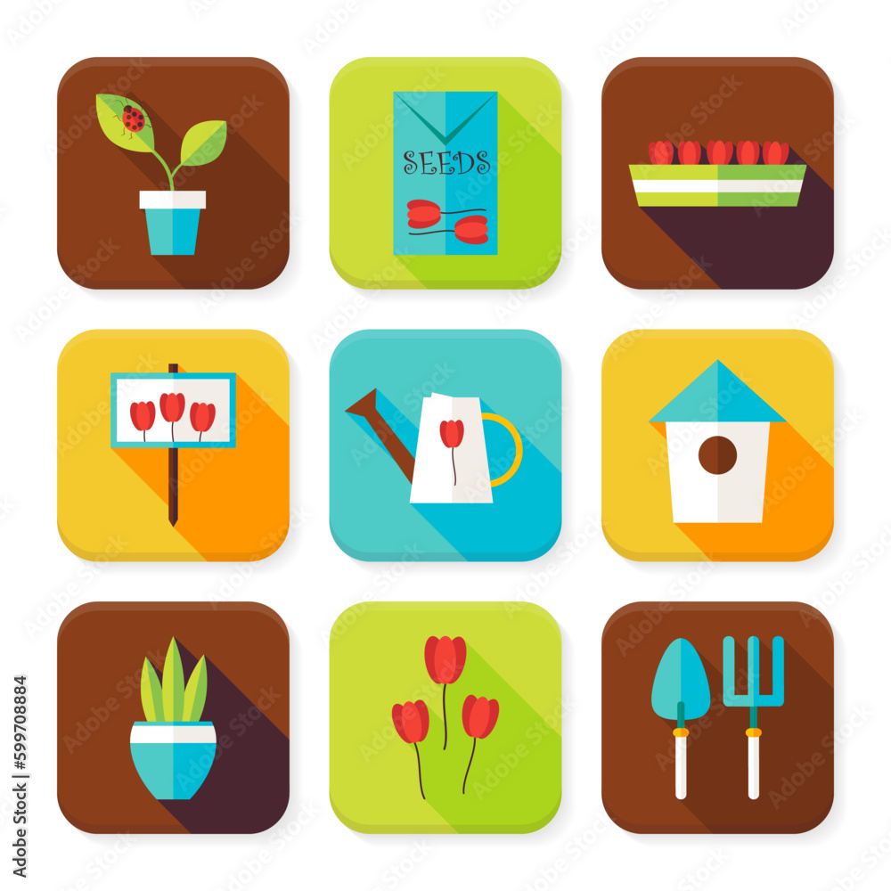 Poster flat gardening and flowers squared app icons set. flat style vector illustration. nature and cultiva