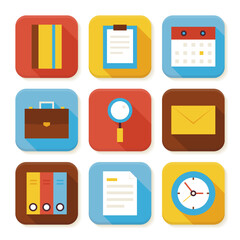 Flat Business and Office Squared App Icons Set. Flat Style Vector Illustration. Office Tools Set. Collection of Square Rectangular Shape Application Colorful Icons with Long Shadow