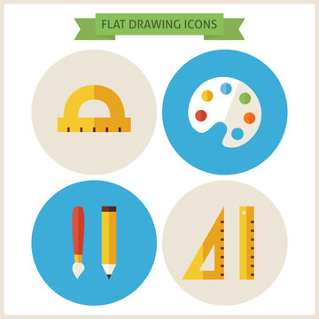 Flat Drawing Website Icons Set. Vector Illustration. Flat Circle Icons for web. School and Education. Collection of Education Objects. Drawing Tools. Back to School Concept