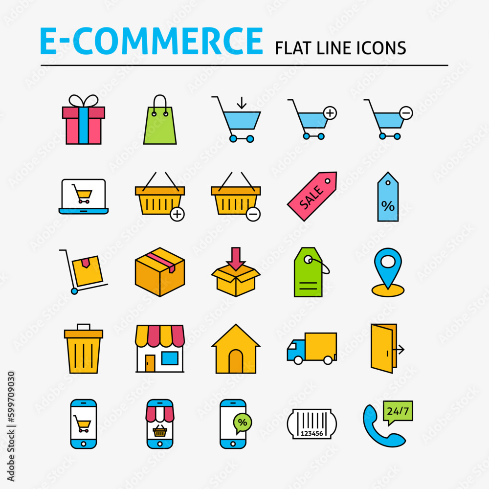 Poster e-commerce colorful flat line icons set. vector set of 25 online shopping and sale modern thin outli