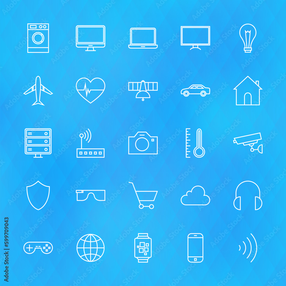 Poster internet of things line icons set over polygonal background. vector set of modern technology thin li