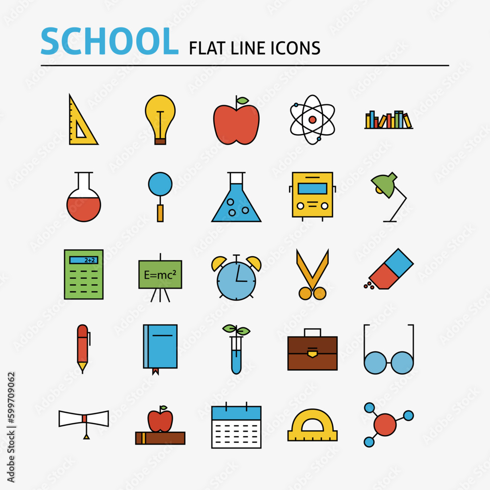 Poster school and education colorful flat line icons set. vector set of 25 science graduation modern thin o