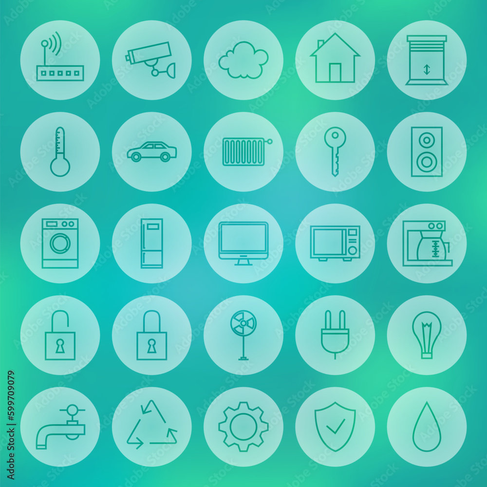 Poster line circle smart house icons set. vector set of modern home technology thin line icons for web and 