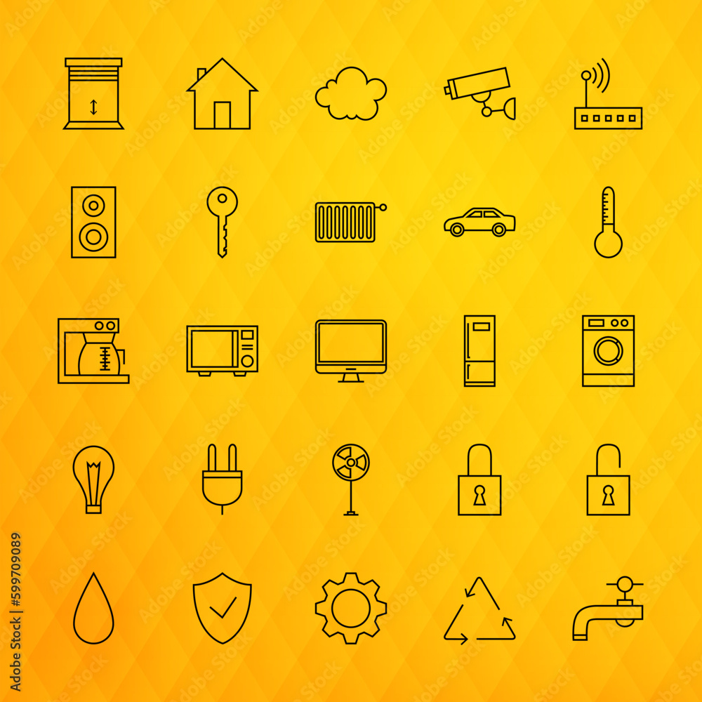 Poster smart house technology line icons set. vector set of modern home electronics thin line icons for web