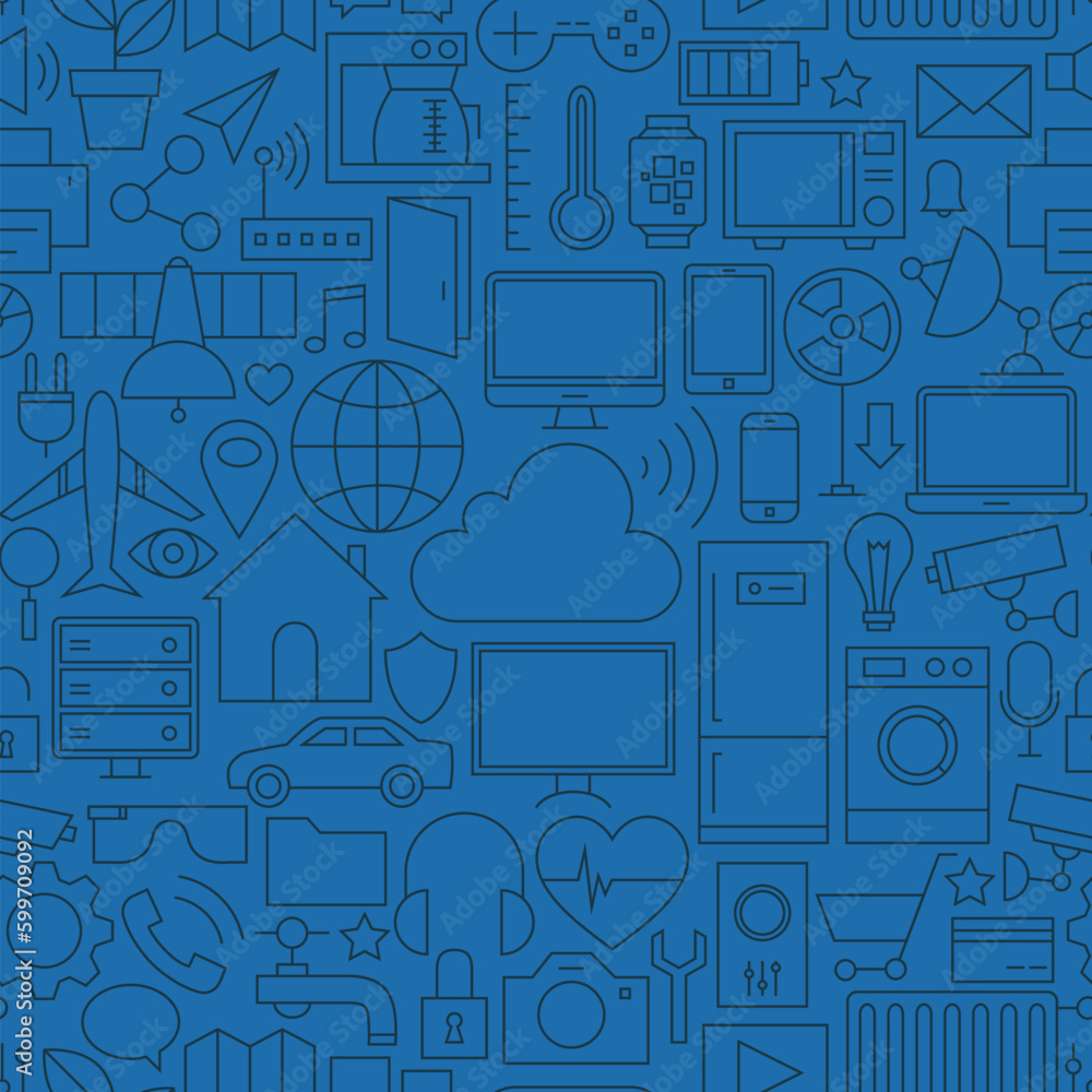 Poster thin line internet of things seamless dark blue pattern. vector web design seamless background in tr