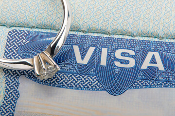American VISA. Marriage or Bride's K-1 VISA United States of America. White gold ring with diamond....