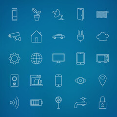 Fototapeta na wymiar Internet of things Line Icons Set over Blurred Background. Vector Set of Modern Technology Thin Line Icons for Web and Mobile over Blue Background.