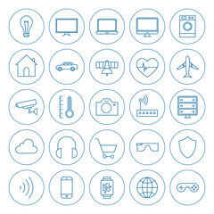 Line Circle Internet of Things Icons Set. Vector Set of Modern Technology Thin Line Icons for Web and Mobile Circle Shaped Isolated over White Background.