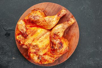 top view tasty fried chicken spiced up on dark background color ripe salad frying dish dinner meat cooking