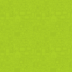 Obraz premium Green Thin Line House Technology Seamless Pattern. Vector Web Design Seamless Background in Trendy Modern Line Style. Smart Home Outline Art.
