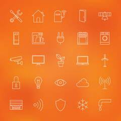 Smart Home Technology Line Icons Set. Vector Set of Modern House Electronics Thin Line Icons for Web and Mobile over Orange Blurred Background.