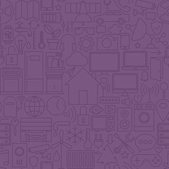 Fototapeta na wymiar Thin Home Technology Seamless Dark Purple Pattern. Vector Web Design Seamless Background in Trendy Modern Line Style. Smart House Outline Art.