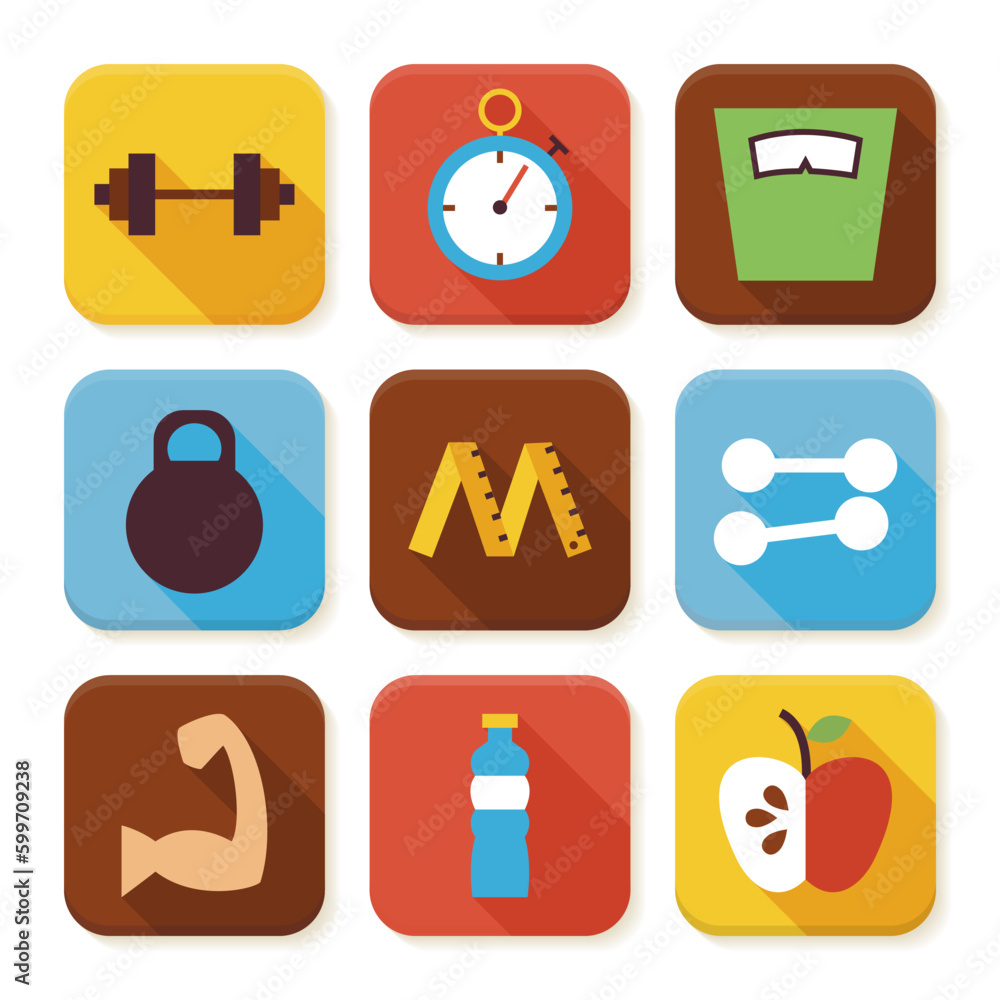 Aufkleber flat sport and fitness squared app icons set. flat style vector illustration. dieting and exercises 