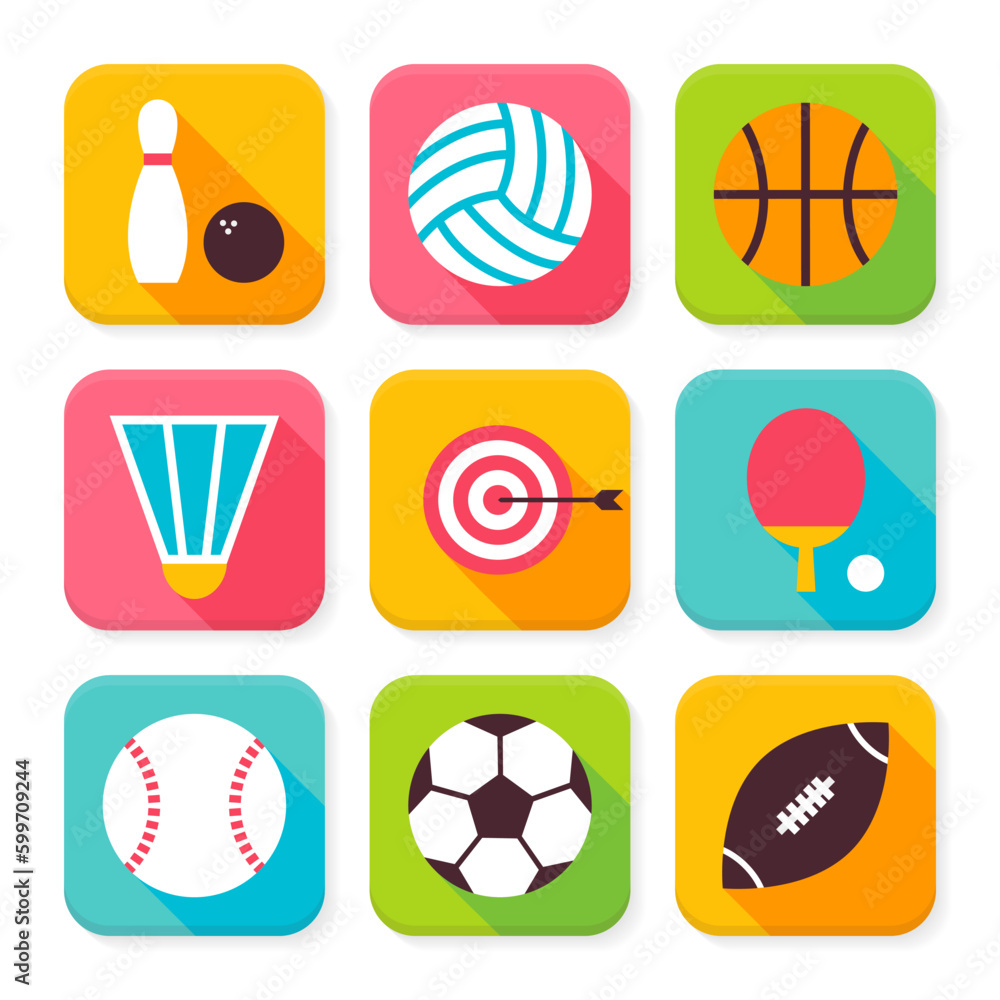 Aufkleber flat sport and recreation squared app icons set. flat style vector illustration. team games and spor