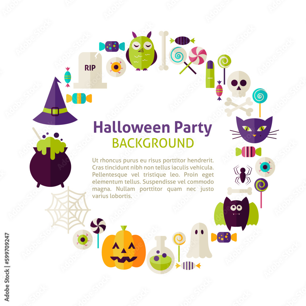 Poster flat style vector circle template collection of halloween party objects over white. set of trick or 