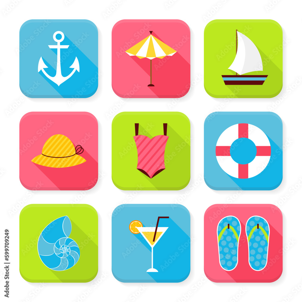 Poster flat summer holidays and resort squared app icons set. flat style vector illustration. travel and va