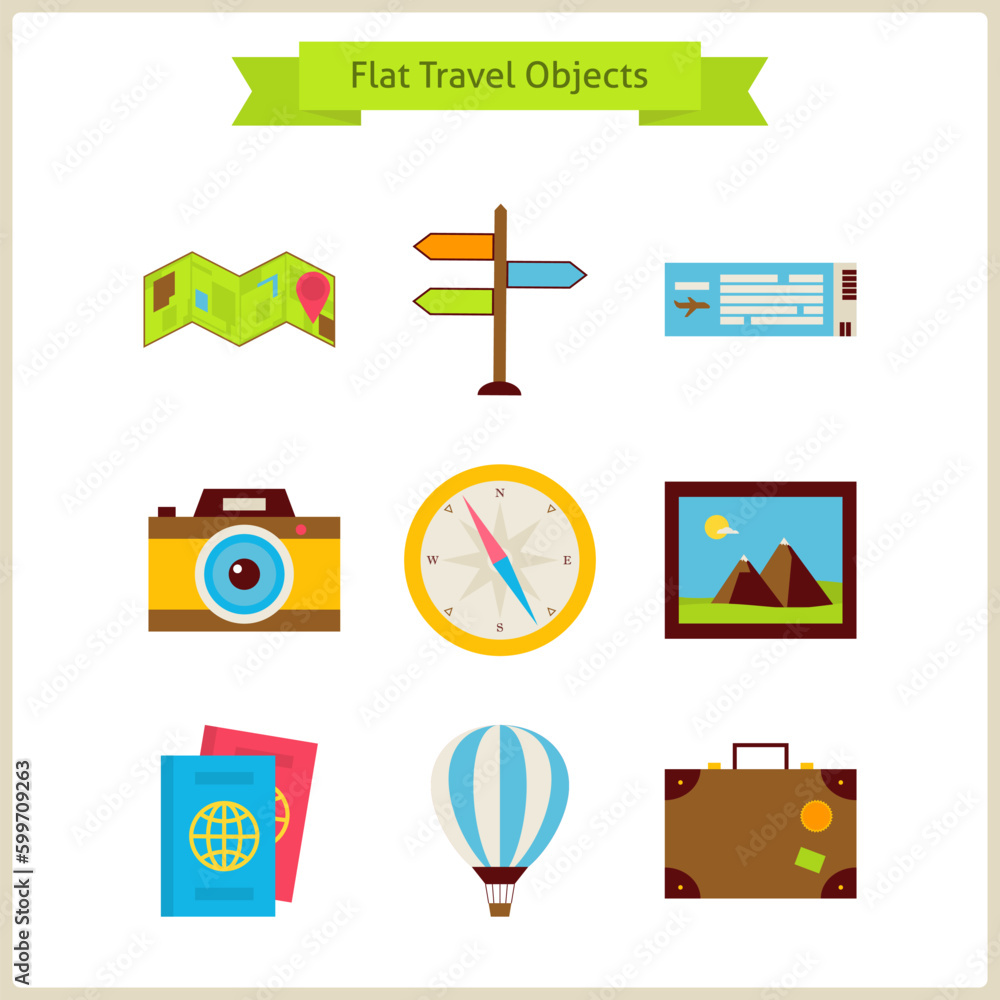 Poster flat travel objects set. summer holidays. vector illustration. collection of navigation and transpor