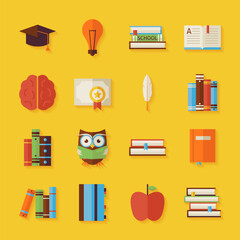 Reading Knowledge and Books Objects Set with Shadow. Flat Style Vector Illustrations. Back to School. Science and Education Set. Collection of Objects over Yellow Background