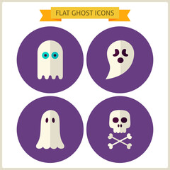 Flat Spirit Ghost Website Icons Set. Vector Illustration. Collection of October Magic Holiday Halloween Party Colorful Circle Icons. Tricks and Treats. Design Elements for Website Mobile Application