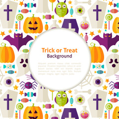 Halloween Trick or Treat Background. Flat Style Vector Illustration for Halloween Party Promotion Template. Colorful Objects for Advertising. Corporate Identity with Text