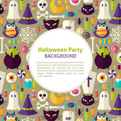 Flat Vector Pattern Halloween Party Background. Illustration for Halloween Holiday Promotion Template. Colorful Trick or Treat Objects for Advertising. Corporate Identity with Text