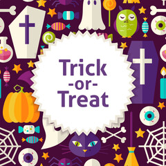 Flat Vector Pattern Halloween Trick or Treat Background. Flat Style Vector Illustration for Scary Halloween Party Promotion Template. Colorful Scary Holiday Objects for Advertising