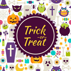 Obraz na płótnie Canvas Flat Vector Trick or Treat Halloween Background. Flat Style Vector Illustration for Halloween Party Promotion Template. Colorful Scary Objects for Advertising