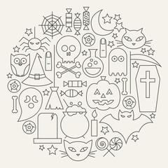 Halloween Holiday Line Icons Set Circular Shaped. Vector Illustration of Scary Autumn Sweets and Treats Objects. Graph and Infographics. October Holiday Items.