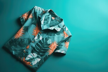A top view of a summer outfit on a background with the possibility of copying, a beach outfit, an illustration of a tropical shirt on a background of fern branches. generative ai