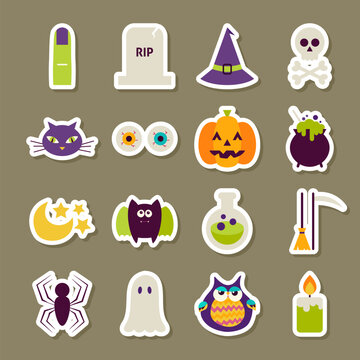 Scary Halloween Stickers Collection. Flat Style Vector Illustration. Autumn Halloween Party Holiday Sticker Collection. Tricks and Treats.