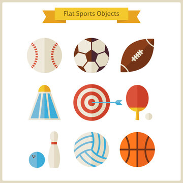 Flat Sports Objects Set. Collection of Healthy lifestyle Sport Objects Isolated over white. Sport Activities Competition and Team Sport Games