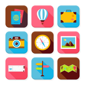Flat Travel and Vacation Squared App Icons Set. Flat Style Vector Illustration. Summer Holidays and Beach Resort Set. Collection of Square Rectangular Shape Application Colorful Icons with Long Shadow