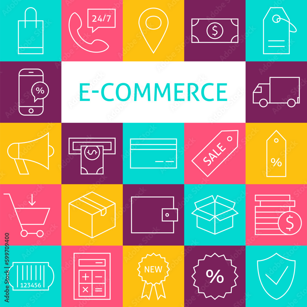 Poster vector line art e-commerce icons set. vector collection online shopping modern line icons for web an