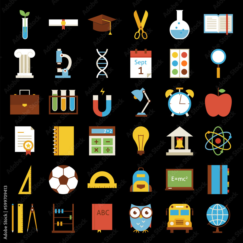 Poster big flat back to school objects set over black background. flat styled vector illustrations. back to