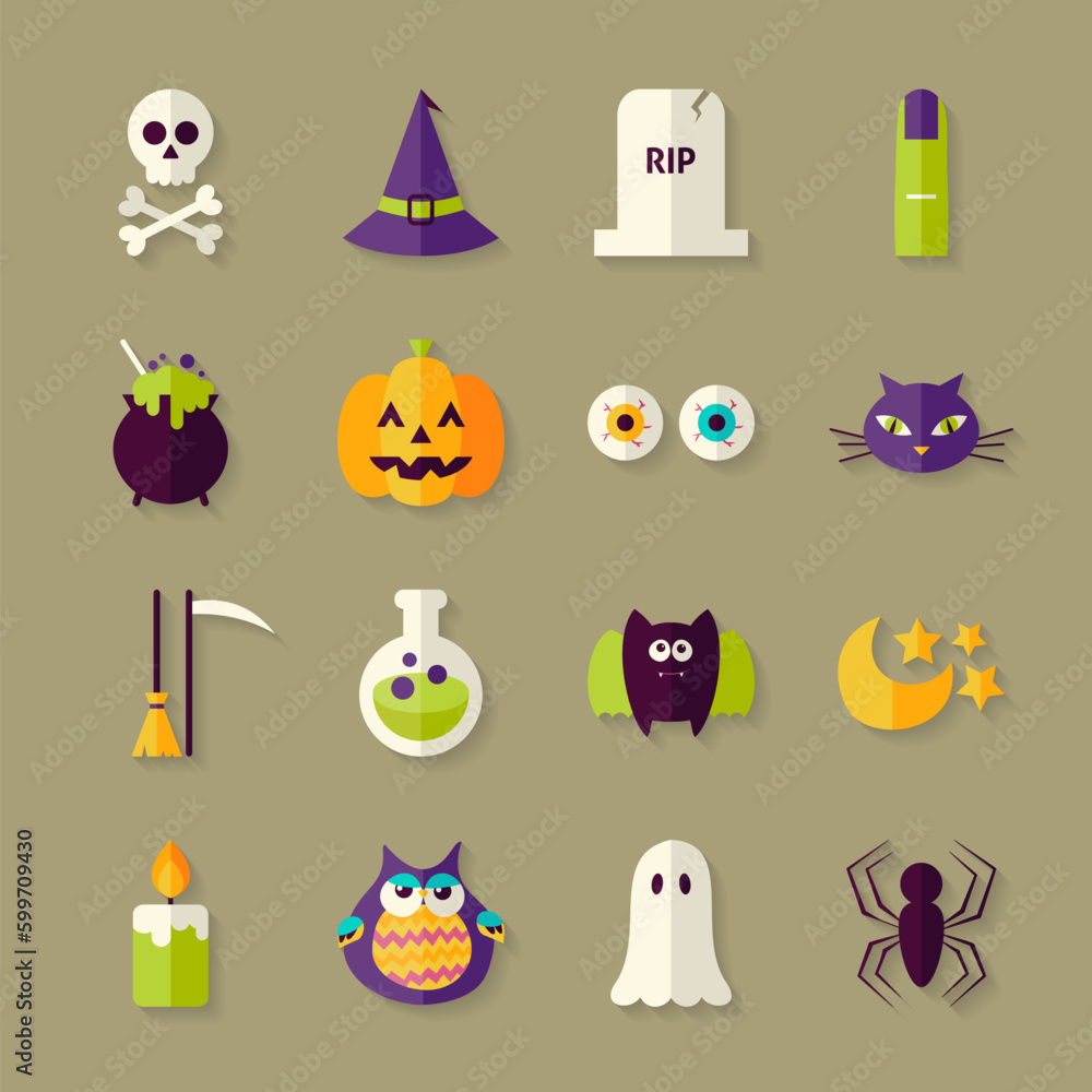 Poster flat magic halloween witch objects set with shadow. flat style vector illustrations. autumn hallowee