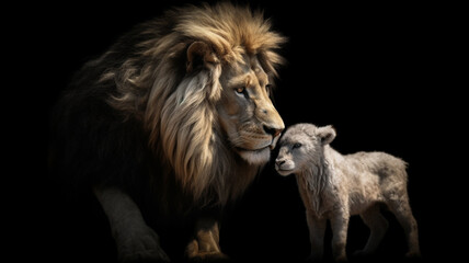 The Lion and the Lamb together. Image on black background created. Generative AI