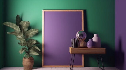 Mockup photo frame green wall mounted on the wooden cabinet. Generative AI