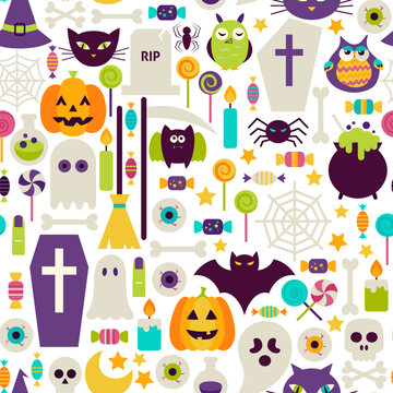 Halloween Holiday Objects Seamless Pattern. Flat Design Vector Seamless Texture Background. Halloween Party Template. Trick or Treat