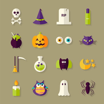 Flat Magic Halloween Witch Objects Set with Shadow. Flat Style Vector Illustrations. Autumn Halloween Party Holiday. Tricks and Treats Set. Collection of Objects over Beige Background