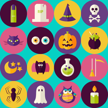 Flat Magic Halloween Witch Seamless Pattern with Colorful Circles. Scary Halloween Party October Holiday Seamless Background Template. Trick or Treat