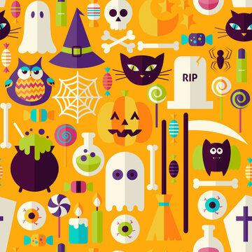 Orange Halloween Trick or Treat Objects Seamless Pattern. Flat Design Vector Seamless Texture Background. Halloween Holiday Template.