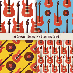 Four Music Instrument Rock Guitar Patterns Set. Pattern Music Instrument Guitar. Flat Style Vector Seamless Texture Background. Musical Template. Arts and Entertainment. String Guitar. Bass guitar. Vi